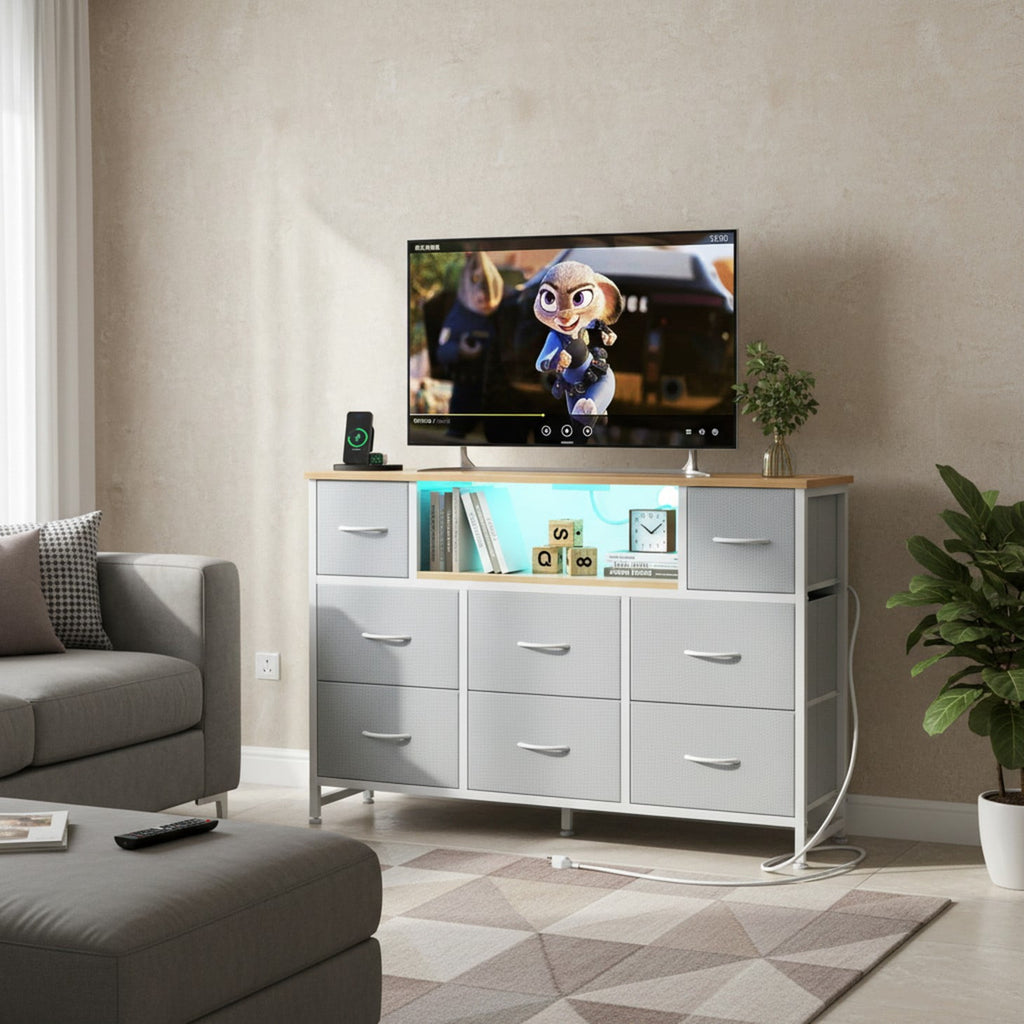 JIOABL TV Stand with  Fabric Drawers & Power Outlet, LED TV Console with USB & Type-C, Storage Dresser for Living Room
