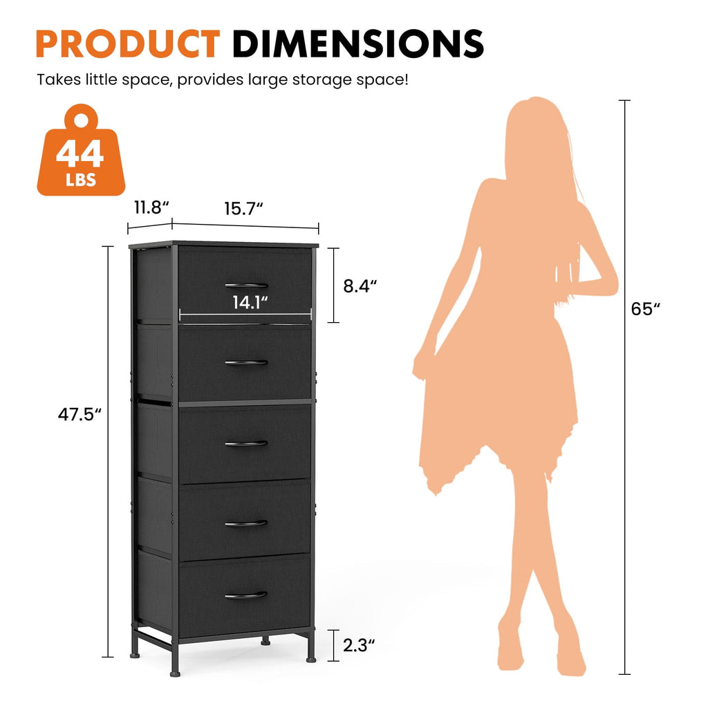 JIOABL 5-Drawer Fabric Dresser with Metal Frame and Wooden Top TV Stand - Perfect for Clothes, Living Room, Hallway, Entryway