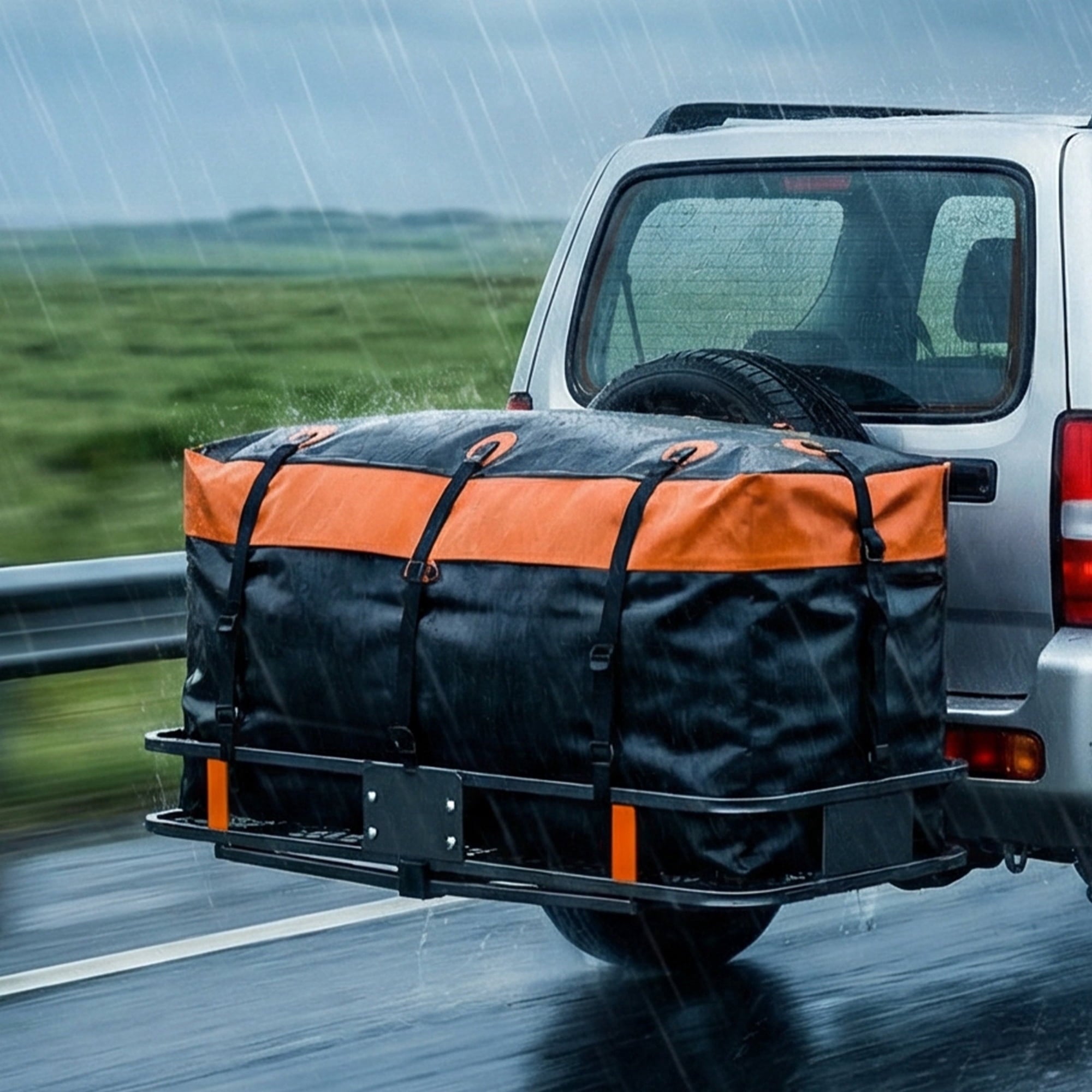 JIOABL Folding Hitch Cargo Carrier Basket for SUVs, Trucks & Vans, 500 lb Capacity with Waterproof Bag, Net, Ratchet Straps, Lock & Stabilizer