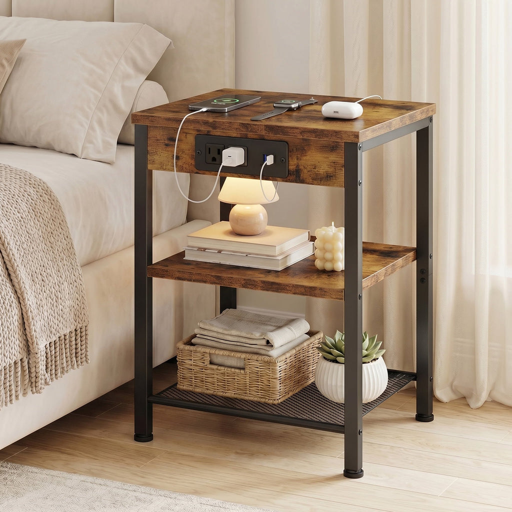 JIOABL 3-Tier Side Table with USB & AC Charging Station, Adjustable Shelves, Multi-Use for Living Room & Bedroom