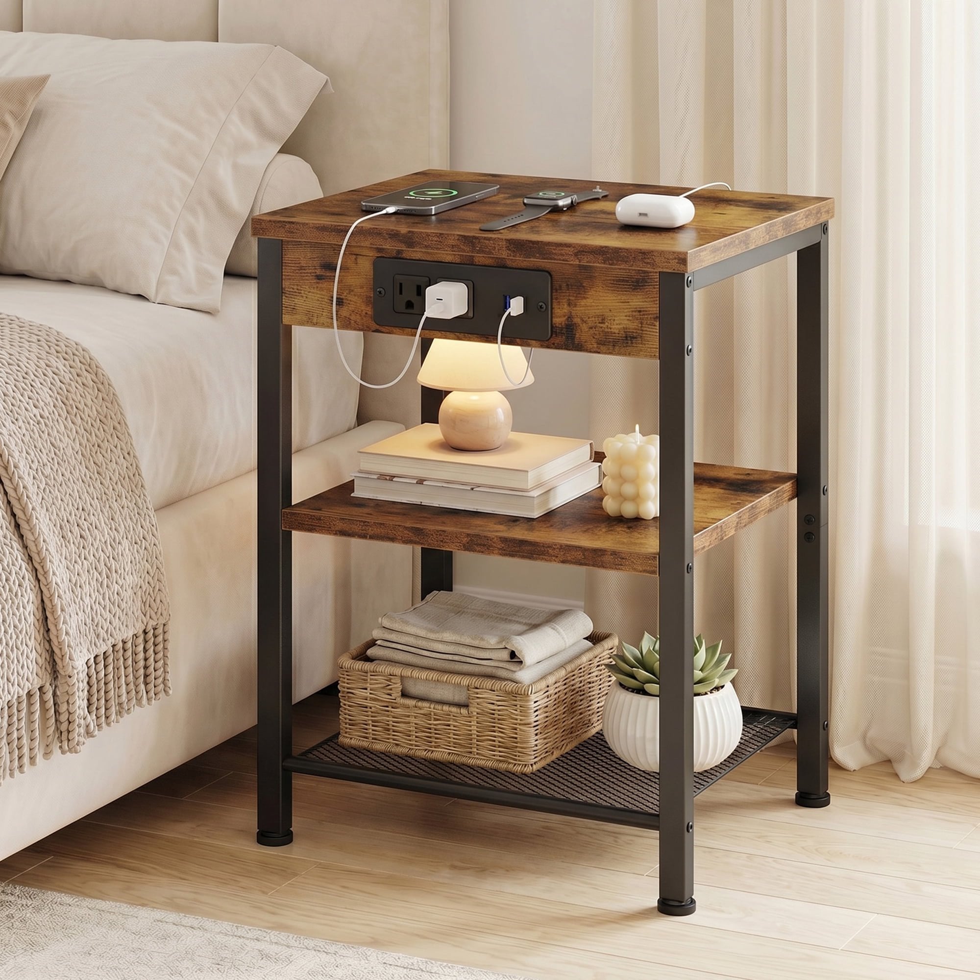 JIOABL 3-Tier Side Table with USB & AC Charging Station, Adjustable Shelves, Multi-Use for Living Room & Bedroom