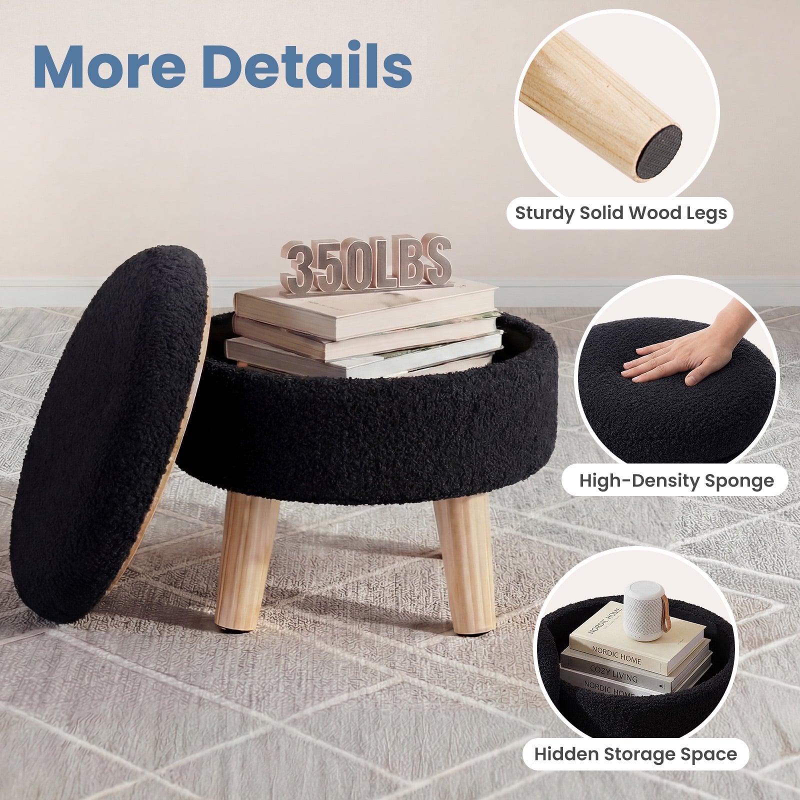 JIOABL Ottoman with Storage, 350lbs Capacity, Soft Teddy Fabric, Round Footrest, Wooden Legs, for Living Room & Bedroom