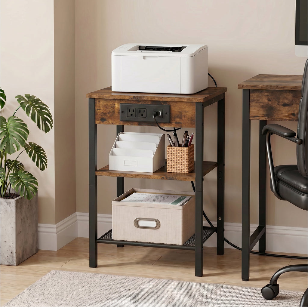JIOABL 3-Tier Side Table with USB & AC Charging Station, Adjustable Shelves, Multi-Use for Living Room & Bedroom