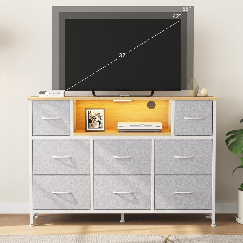 JIOABL TV Stand with  Fabric Drawers & Power Outlet, LED TV Console with USB & Type-C, Storage Dresser for Living Room