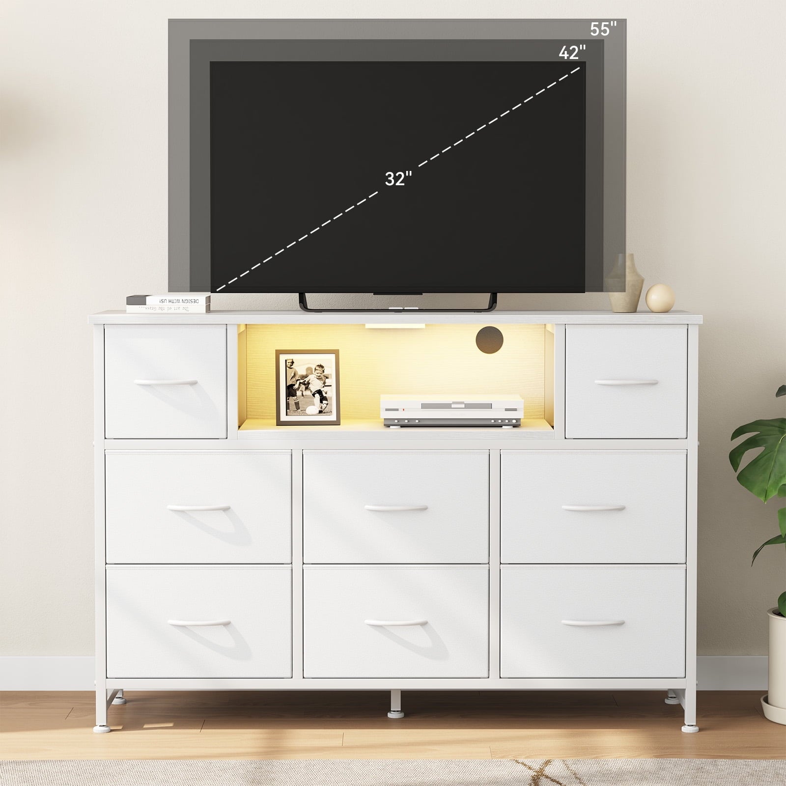 JIOABL TV Stand with  Fabric Drawers & Power Outlet, LED TV Console with USB & Type-C, Storage Dresser for Living Room