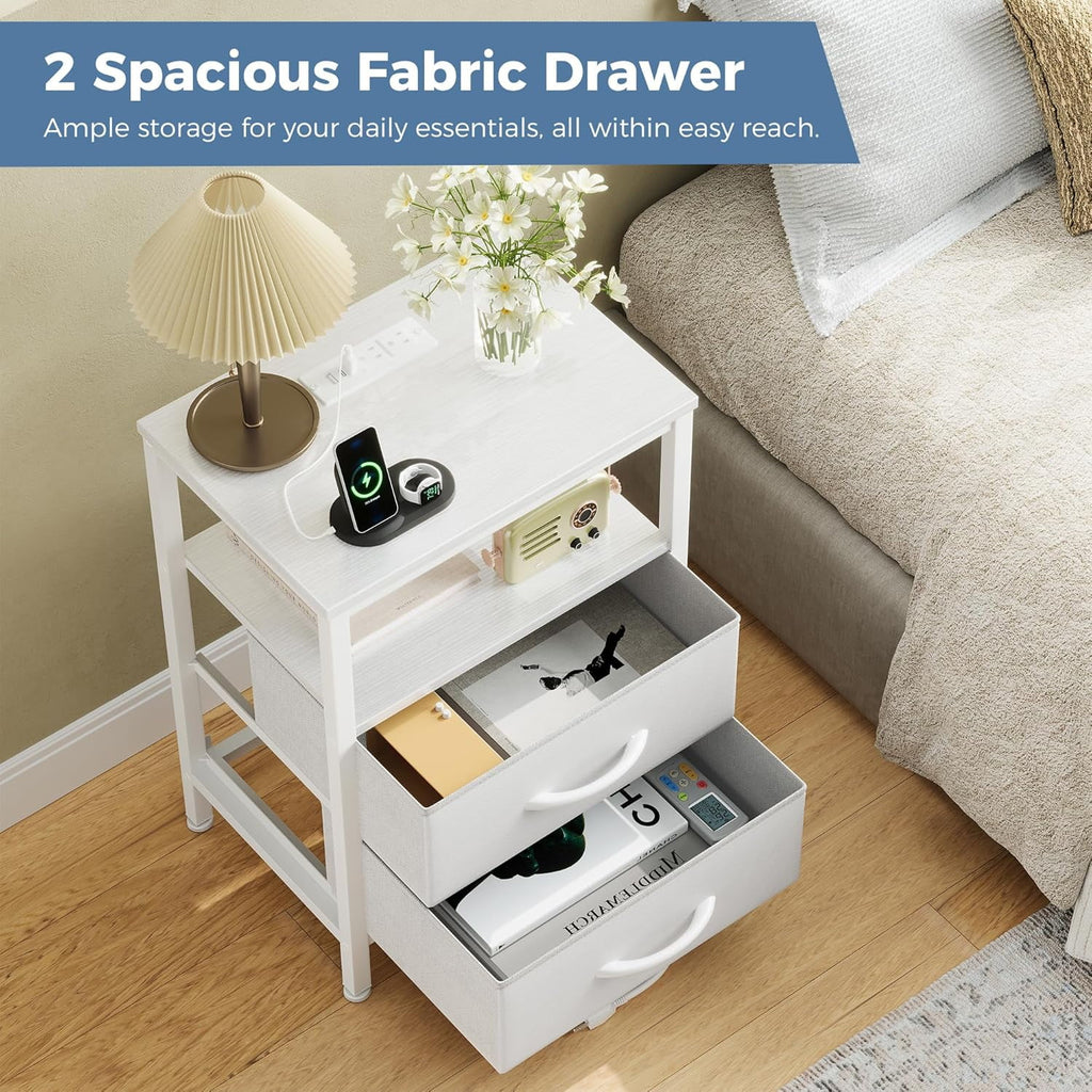 JIOABL Nightstand with USB & Type-C Charging, Fabric Drawers, Metal Frame