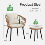 JIOABL Outdoor Bistro Set, Wicker Chairs & Glass Top Table for Patio, Balcony, Porch, Backyard