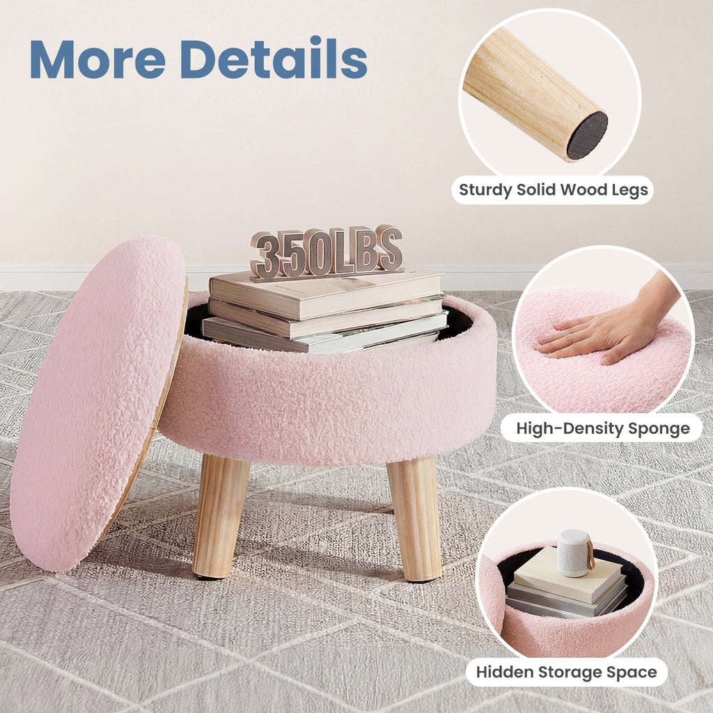 JIOABL Ottoman with Storage, 350lbs Capacity, Soft Teddy Fabric, Round Footrest, Wooden Legs, for Living Room & Bedroom