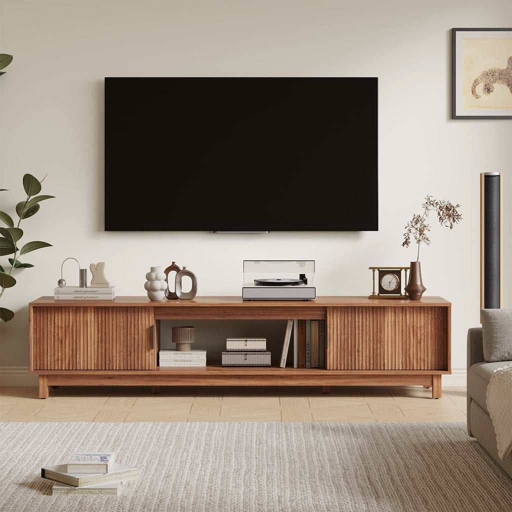 JIOABL Rattan TV Stand, Wood Entertainment Center with Storage Cabinets & Cable Management Hole