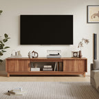 JIOABL Rattan TV Stand, Wood Entertainment Center with Storage Cabinets & Cable Management Hole