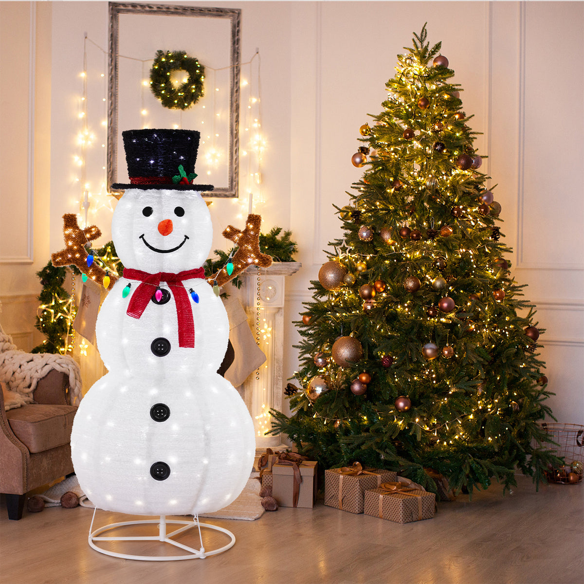 JIOABL 5ft Lighted Snowman, Large Outdoor Christmas Decoration with 200 LED Lights, Multicolored Scarf and Hat