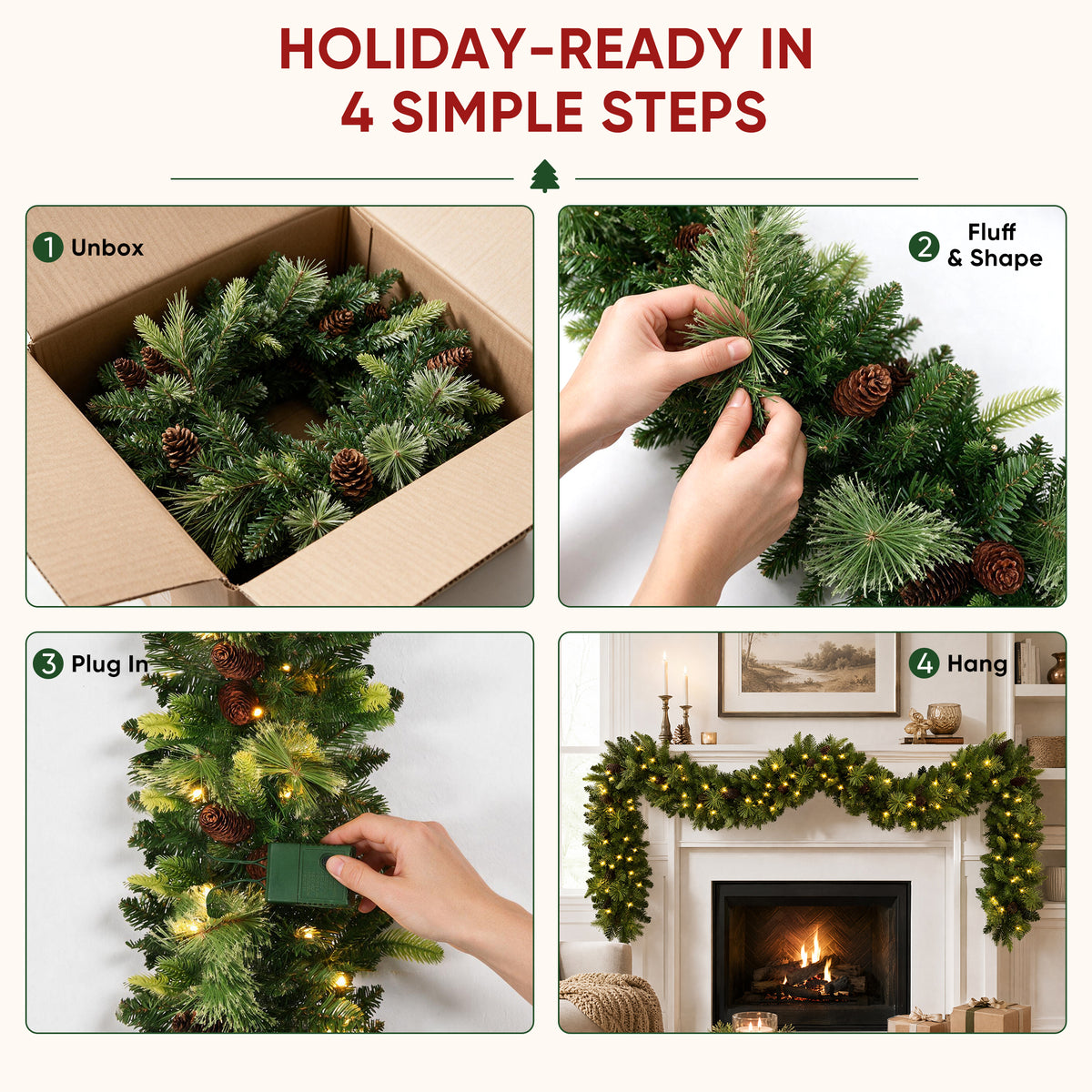 JIOABL 9 ft Pre-Lit Christmas Garland with Warm LED Lights, Artificial Pine Garland for Mantel, Staircase, Doorway and Holiday Decor