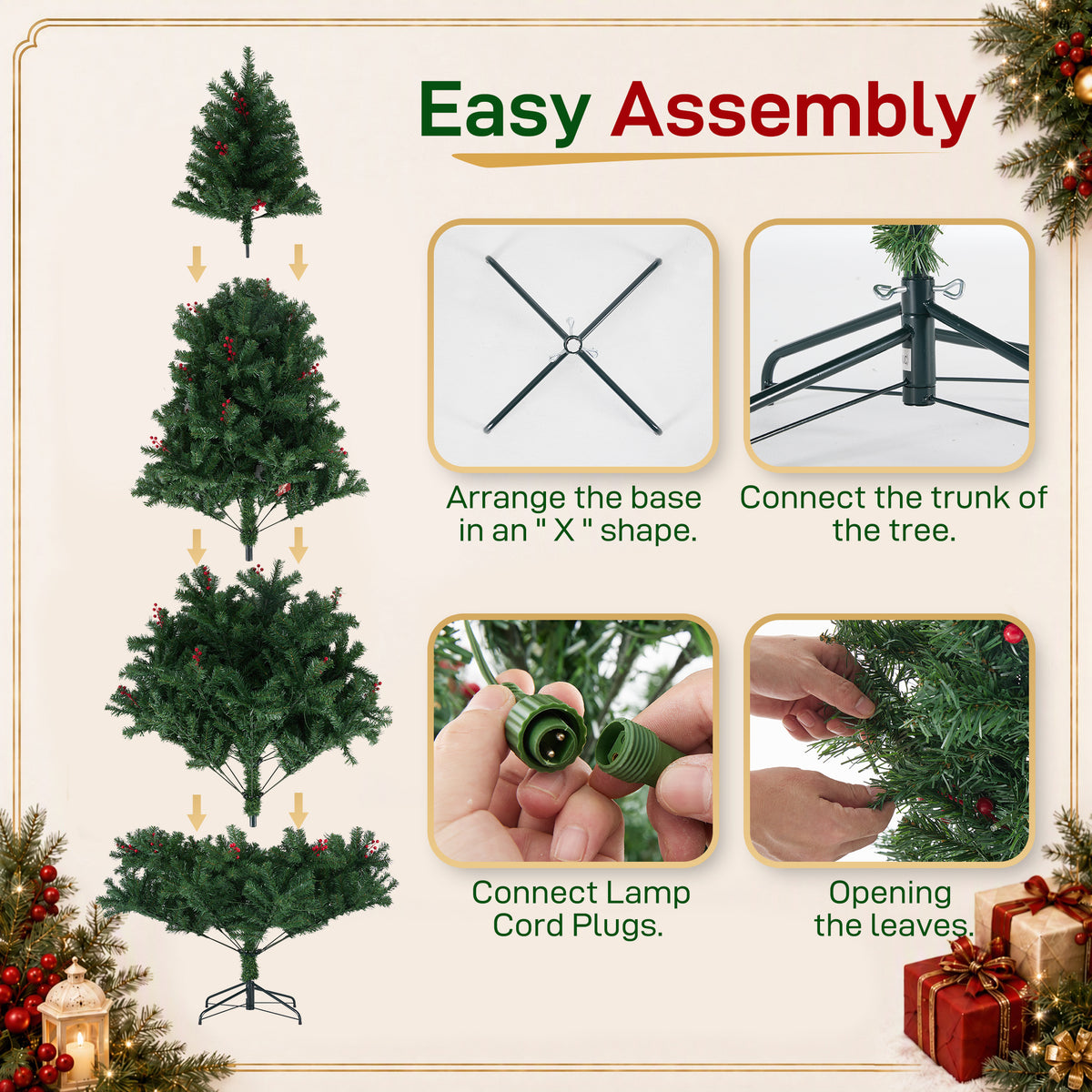 JIOABL Pre-Lit Artificial Spruce Christmas Tree, Pre-Decorated with Pinecones & Berries, Sturdy Metal Stand Base