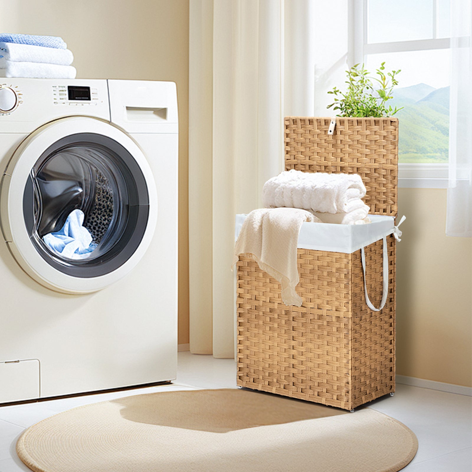 JIOABL Laundry Hamper with Lid, Clothes Hamper with Removable Liner Bags, Synthetic Rattan Laundry Basket for Clothes Toys in Bathroom Bedroom