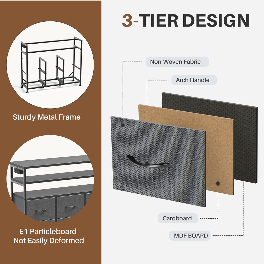 JIOABL TV Stand with 6 Fabric Drawers & Power Outlet, LED TV Console with USB & Type-C, Storage Dresser for Living Room