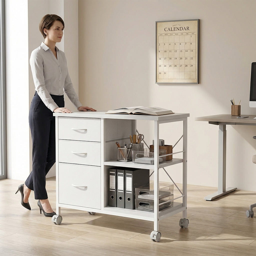 JIOABL 3-Drawer Mobile File Cabinet - Stylish Rolling Storage Solution with Open Shelf for Home Office