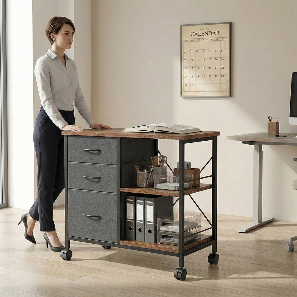 JIOABL 3-Drawer Mobile File Cabinet - Stylish Rolling Storage Solution with Open Shelf for Home Office