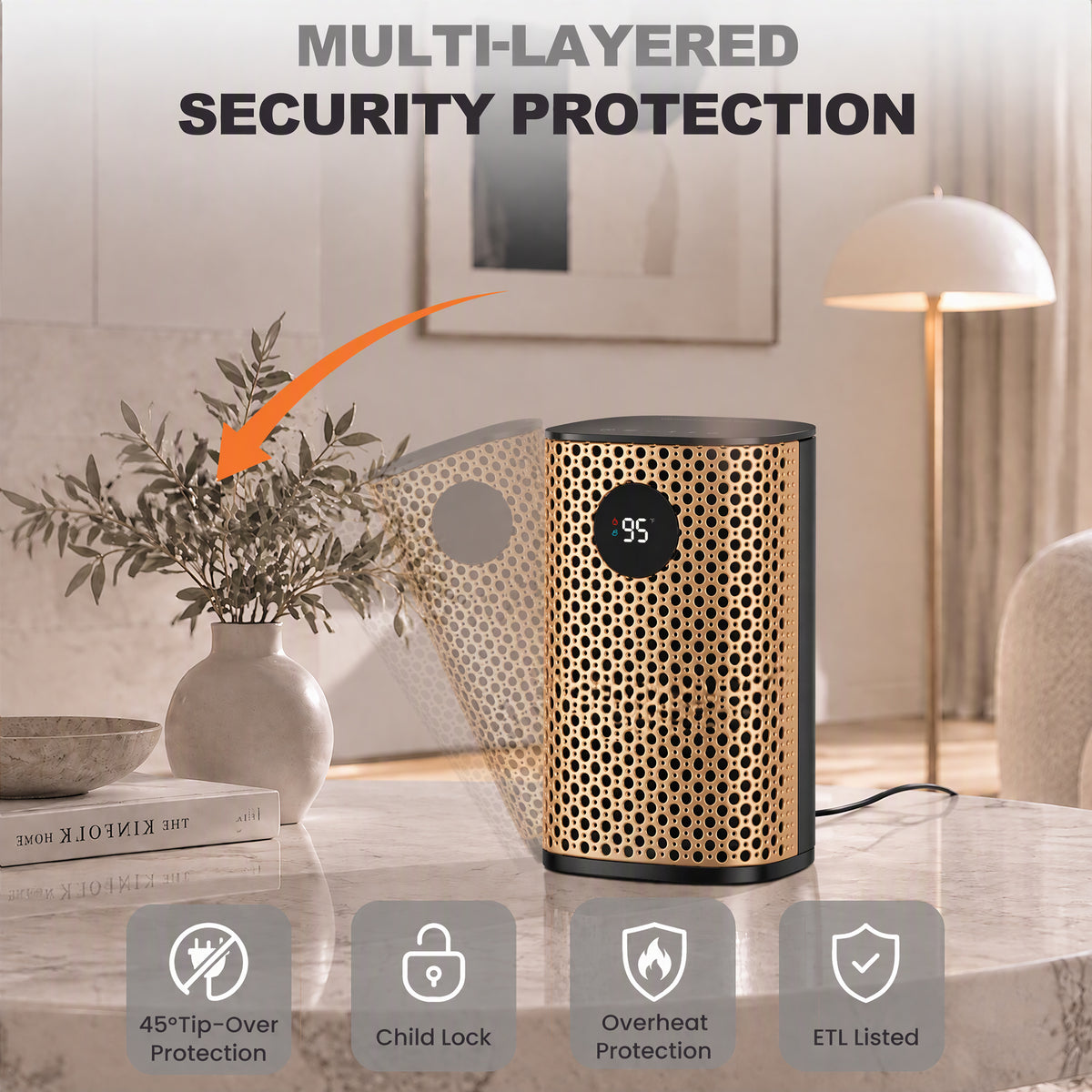 JIOABL Square Desktop Heater | 1500W, 5 Working Modes, 70° Oscillation, Quiet, Tip-Over and Overheat Safety Protection