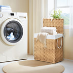 JIOABL Laundry Hamper with Lid, Clothes Hamper with Removable Liner Bags, Synthetic Rattan Laundry Basket for Clothes Toys in Bathroom Bedroom