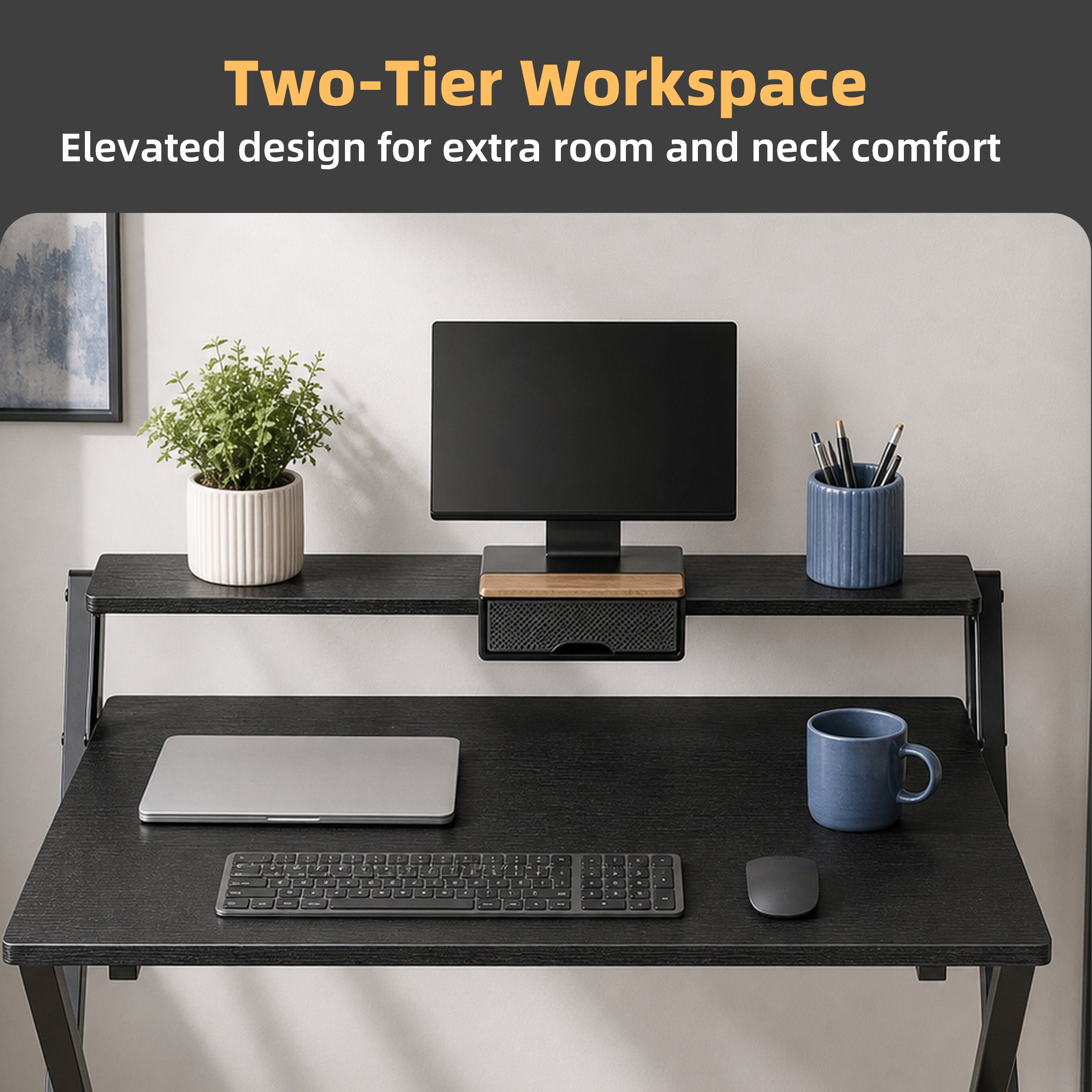 JIOABL No Assembly Folding Desk with Shelf – 2-Tier Compact Space-Saving Laptop Computer Table, Portable Study Workstation for Small Apartment, Dorm, Bedroom & Home Office