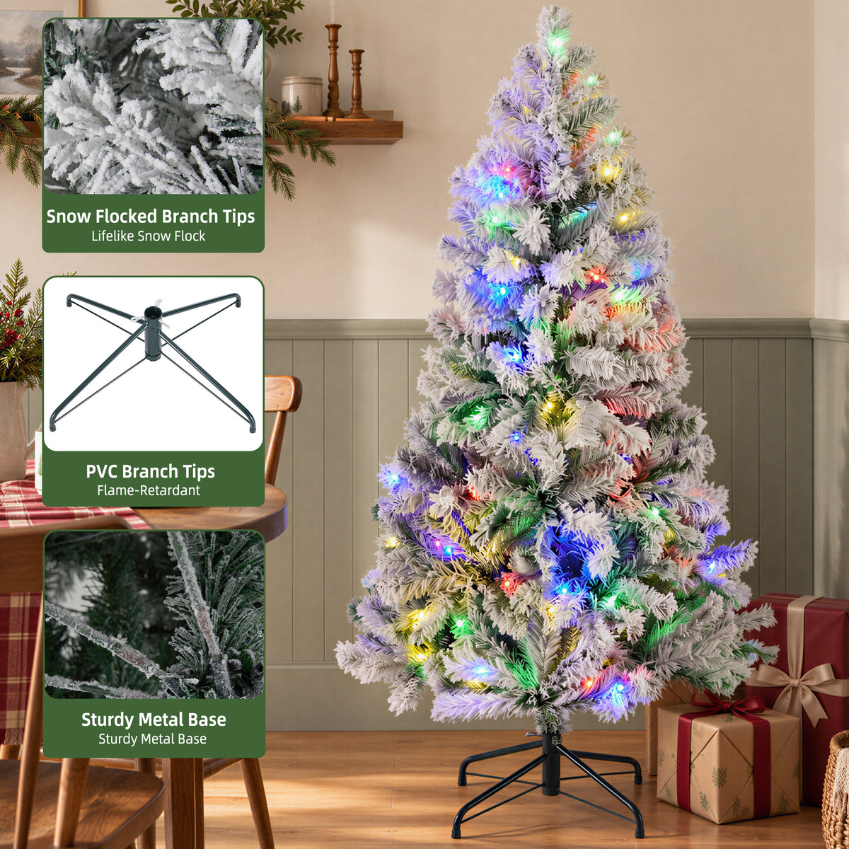JIOABL Flocked Pre-lit Artificial Christmas Tree with Premium Multicolor Lights