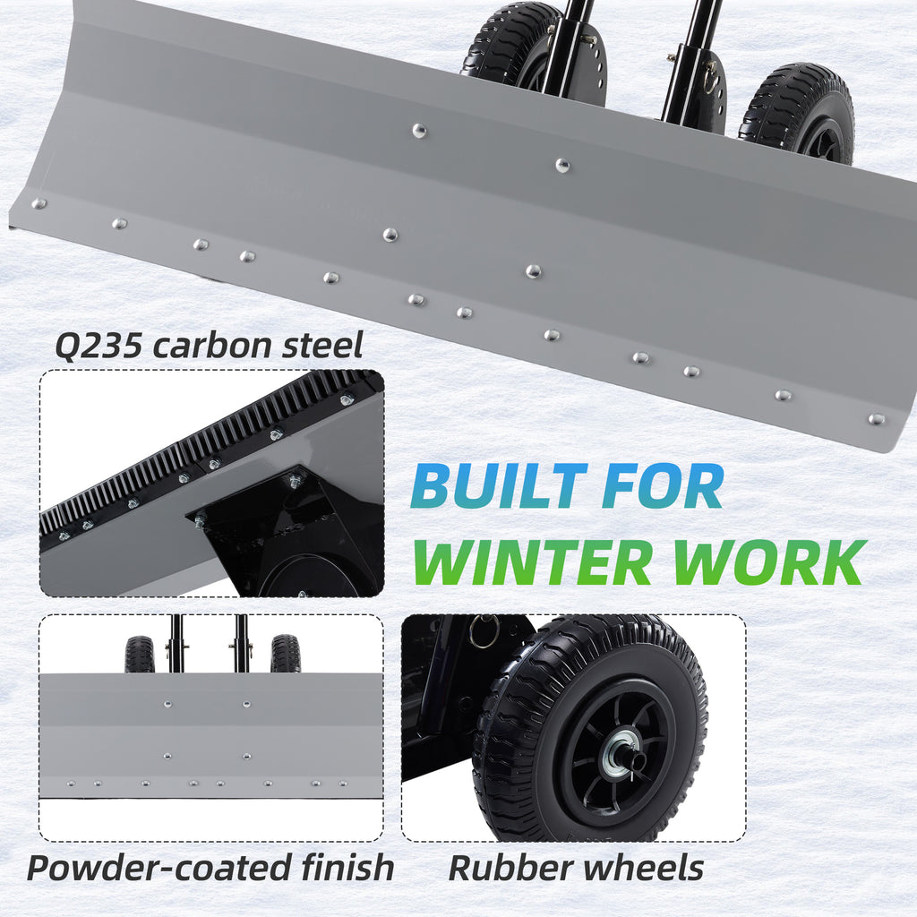 JIOABL 36 inch Snow Pusher with Wheels, Galvanized Steel Snow Plow, Adjustable Blade Angle & Handle for Driveway, Sidewalk & Walkway