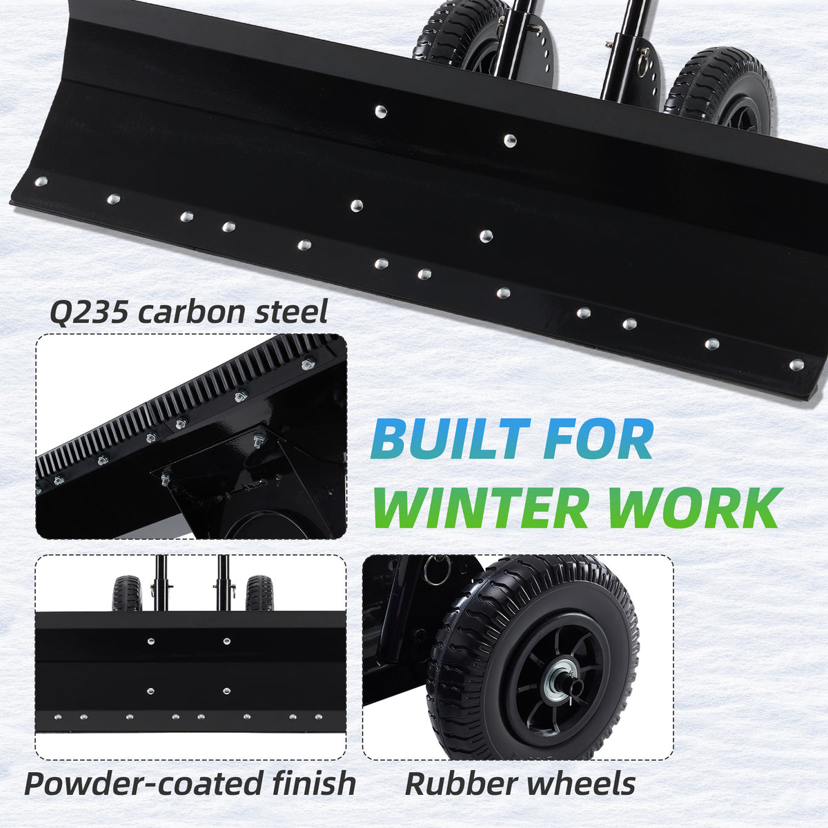 JIOABL 36 inch Snow Pusher with Wheels, Galvanized Steel Snow Plow, Adjustable Blade Angle & Handle for Driveway, Sidewalk & Walkway