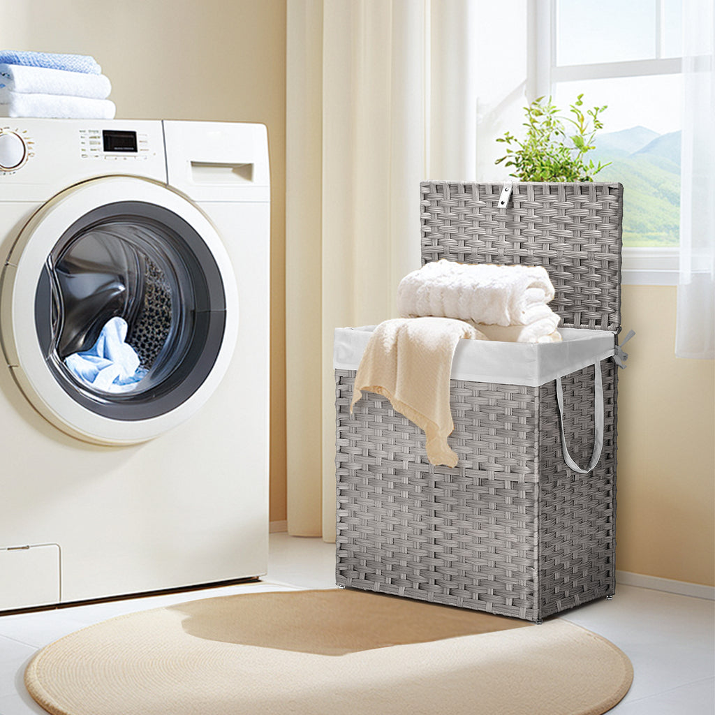 JIOABL Laundry Hamper with Lid, Clothes Hamper with Removable Liner Bags, Synthetic Rattan Laundry Basket for Clothes Toys in Bathroom Bedroom