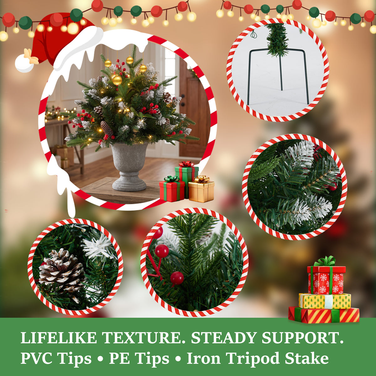 JIOABL Lighted Christmas Urn Filler, 24 in Artificial Pine Branches with 50 Warm White LEDs, 8 Modes and Timer, Indoor Outdoor Decor
