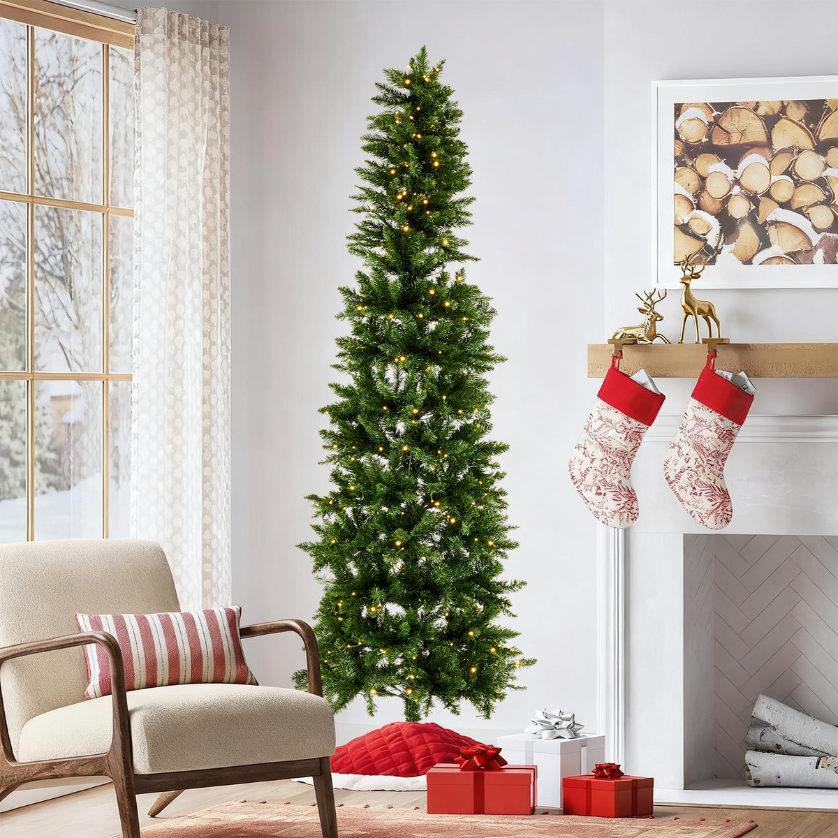 JIOABL Pre-Lit Fraser Fir Pencil Artificial Christmas Tree, Offering 8 Warm Light Modes