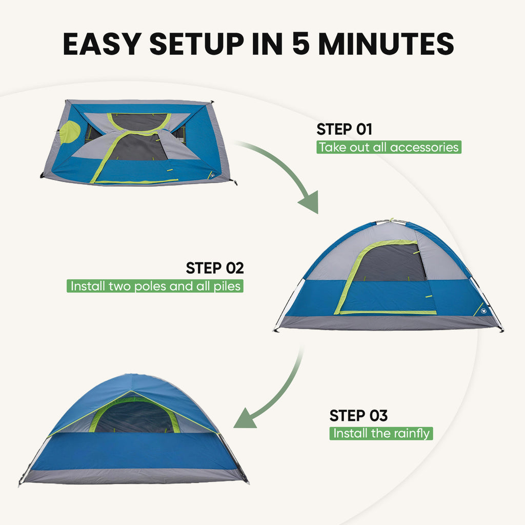 JIOABL Dome Camping Tent, Waterproof Polyester with Rainfly, Easy Setup, Ventilated Windows & Skylights, Portable Backpacking Tent