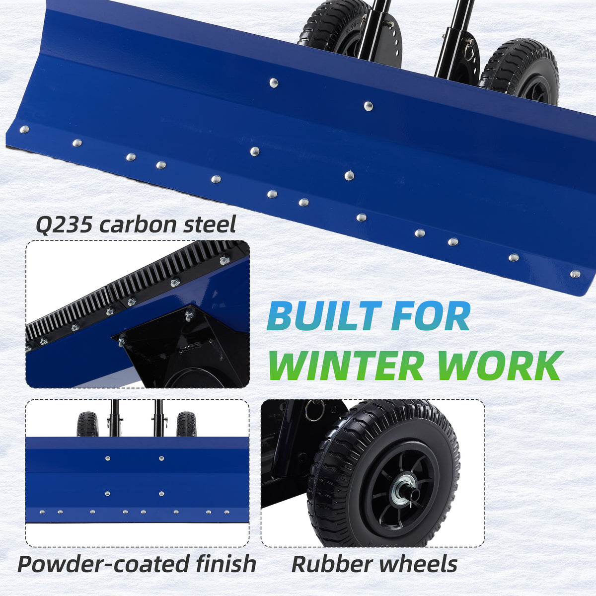 JIOABL 36 inch Snow Pusher with Wheels, Galvanized Steel Snow Plow, Adjustable Blade Angle & Handle for Driveway, Sidewalk & Walkway