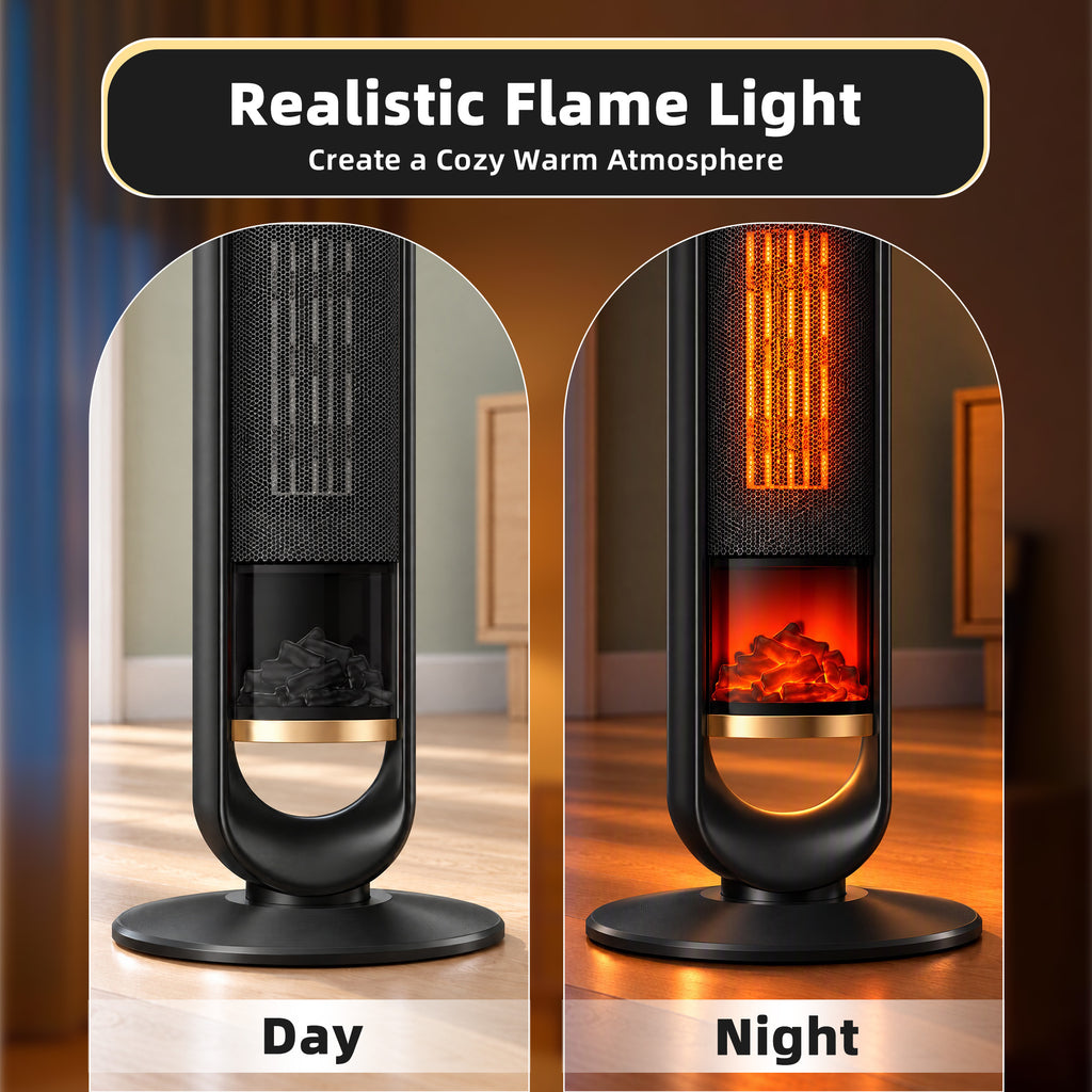 JIOABL Tall Tower Flame Heater with Light | 1500W, 4 Functions, 3s Quick Heat, 2 Heat Settings, Low Noise, Oscillation & Timer