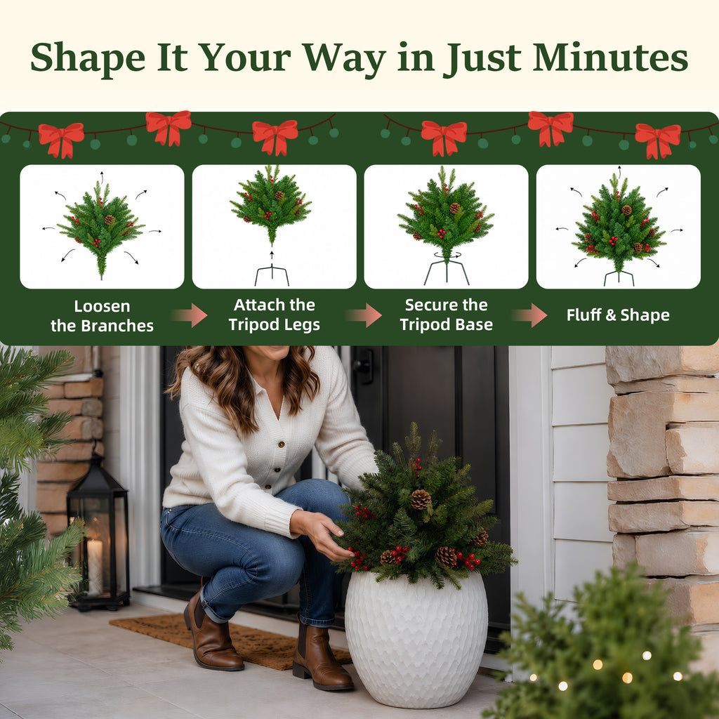 JIOABL Lighted Christmas Urn Filler, 24 in Artificial Pine Branches with 50 Warm White LEDs, 8 Modes and Timer, Indoor Outdoor Decor