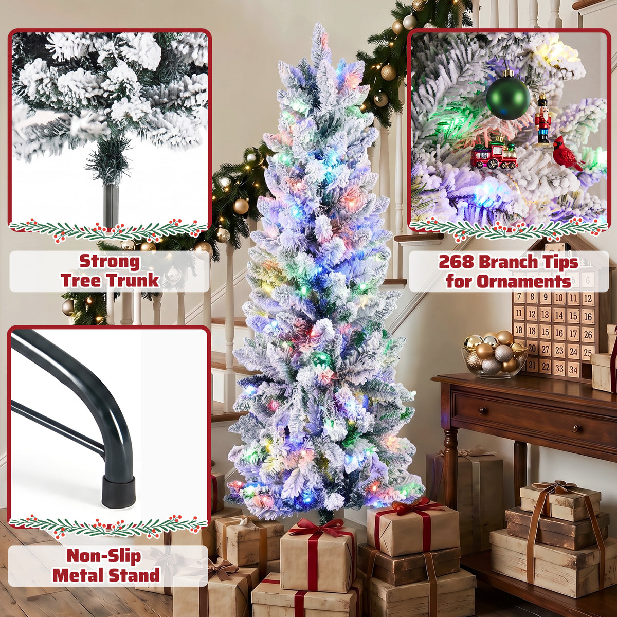 JIOABL Pre-Lit Fraser Fir Pencil Artificial Christmas Tree, Premium Multicolor LED Lights