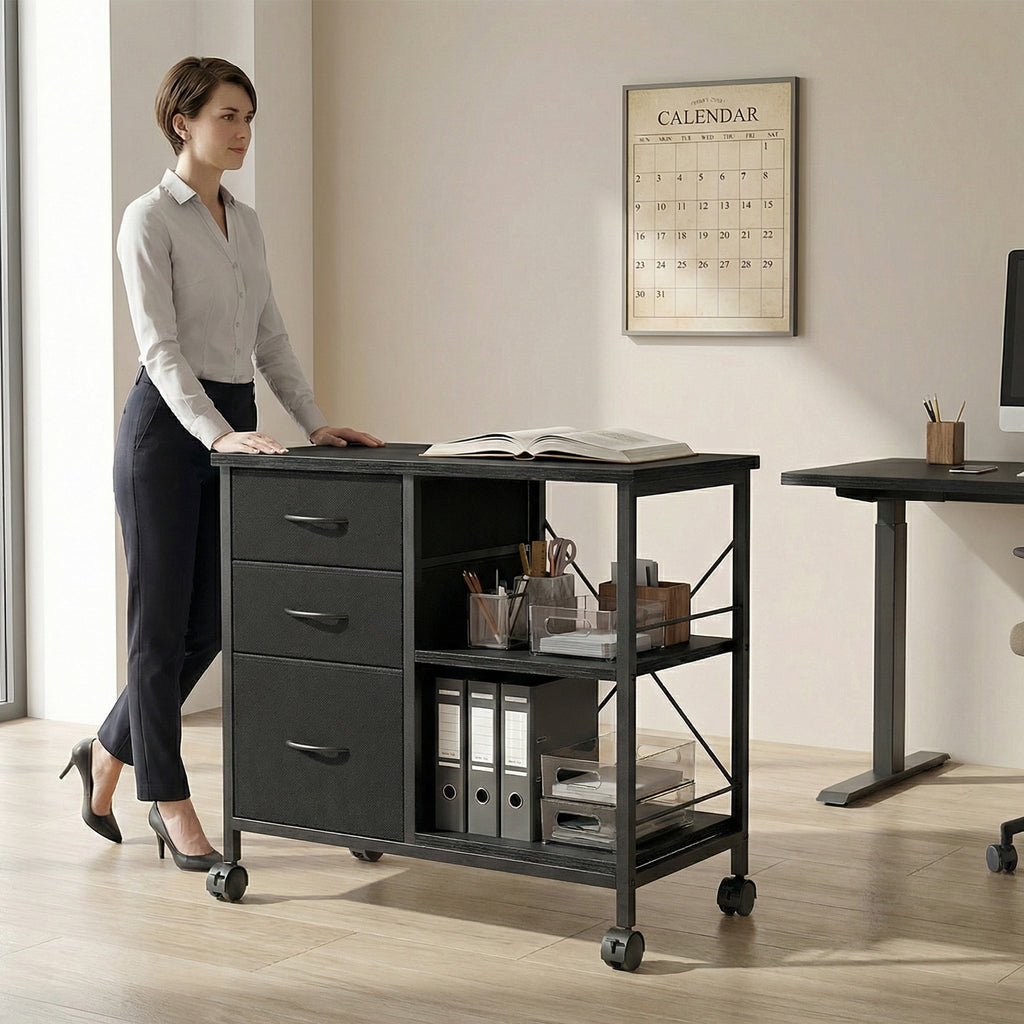 JIOABL 3-Drawer Mobile File Cabinet - Stylish Rolling Storage Solution with Open Shelf for Home Office
