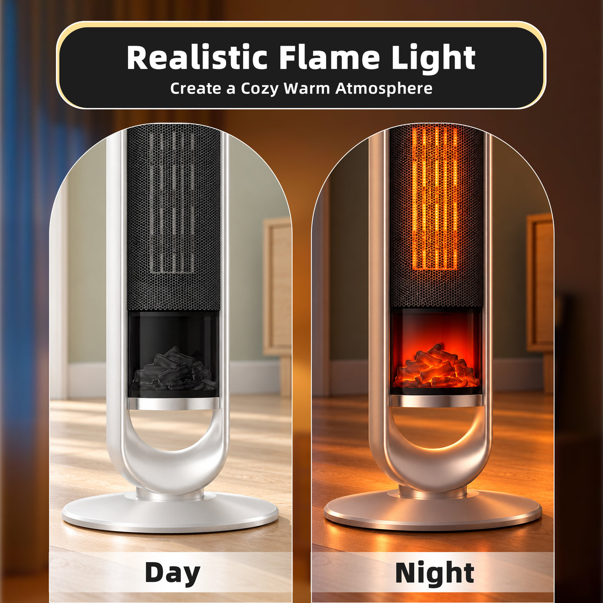 JIOABL Tall Tower Flame Heater with Light | 1500W, 4 Functions, 3s Quick Heat, 2 Heat Settings, Low Noise, Oscillation & Timer
