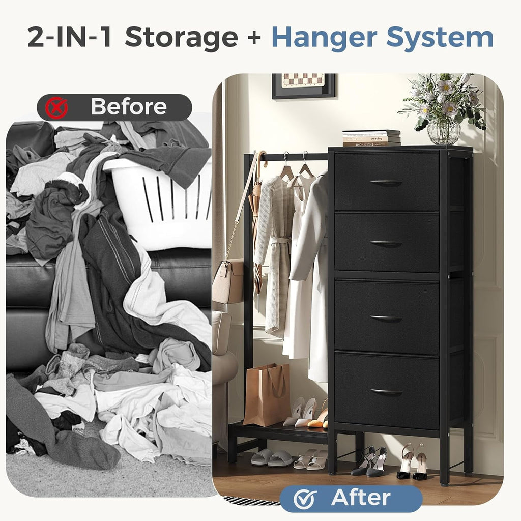JIOABL 4 Drawer Dresser with Hanging Rack, Steel Frame, Fabric Drawers, Tall Storage Organizer for Bedroom