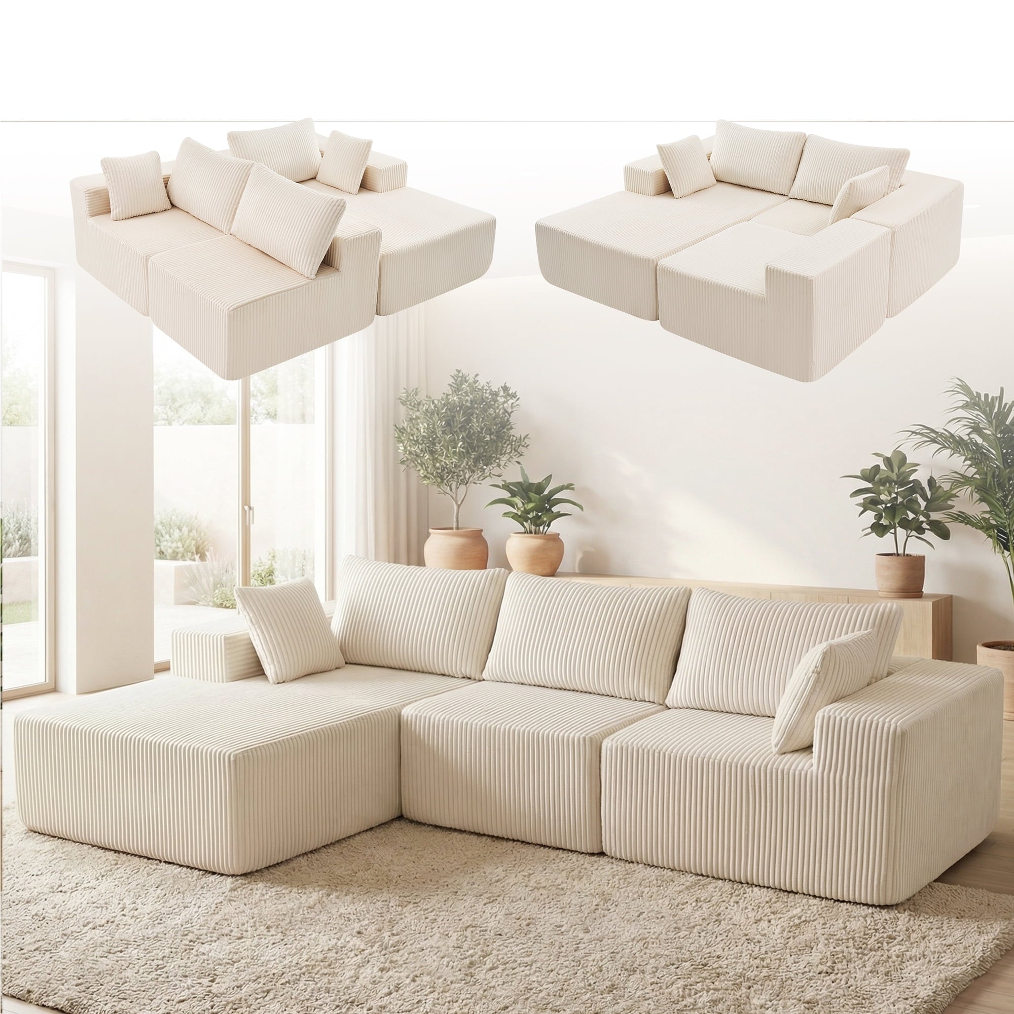 JIOABL 108" Modular Sectional Sofa, Fluffy Memory Foam Upholstered Couch, 4 Seat Modular Sofa for Living Room, Chaise Lounge