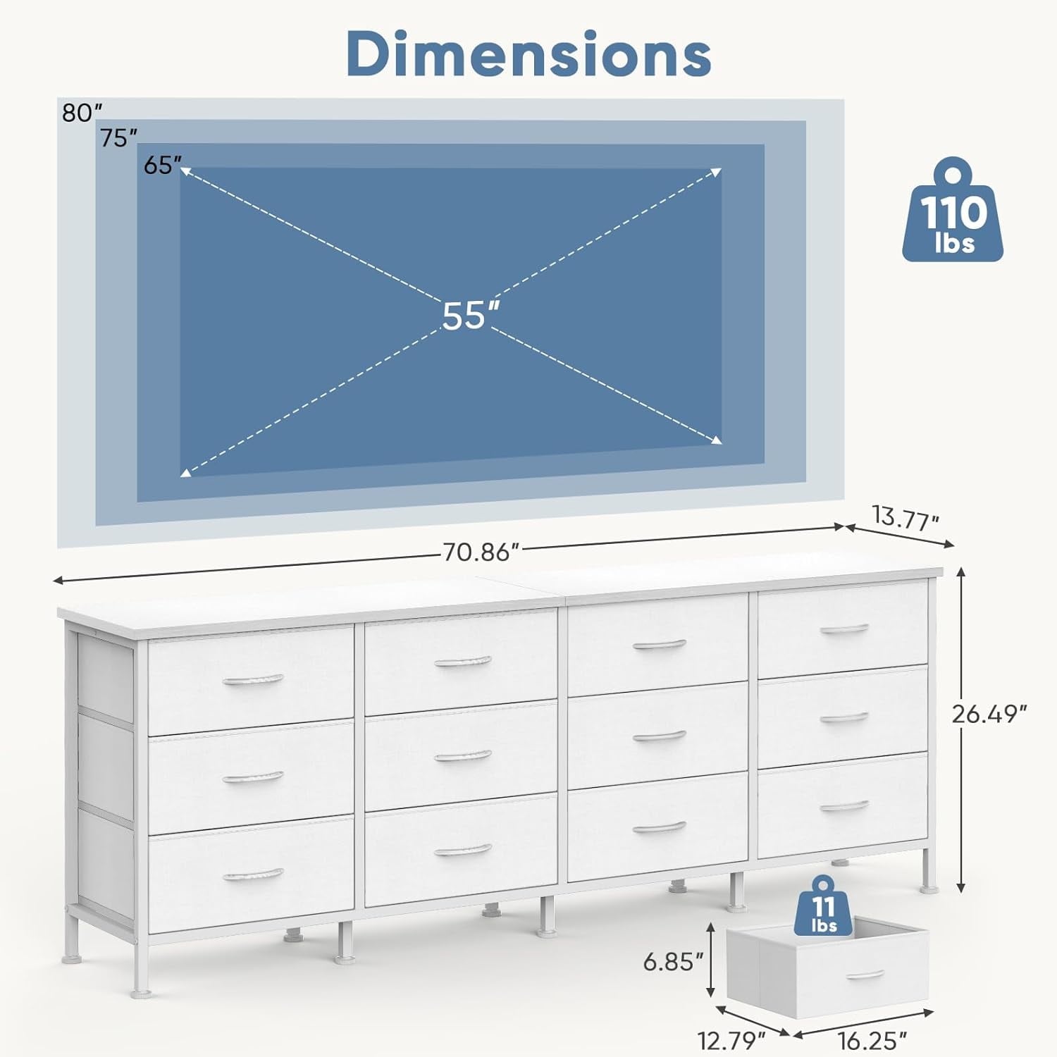 JIOABL TV Stand with 12 Fabric Drawers, Metal Frame Storage Stand with Adjustable feet and Anti-Tip