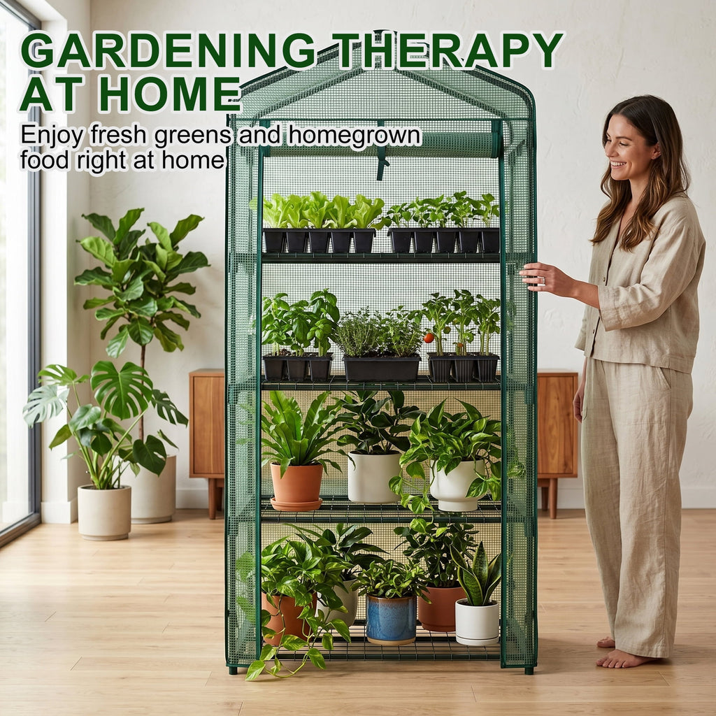 JIOABL 4-Tier Mini Greenhouse with PE Cover, Portable Plant Grow House with Zipper Door & Steel Frame for Indoor Outdoor Garden, Green