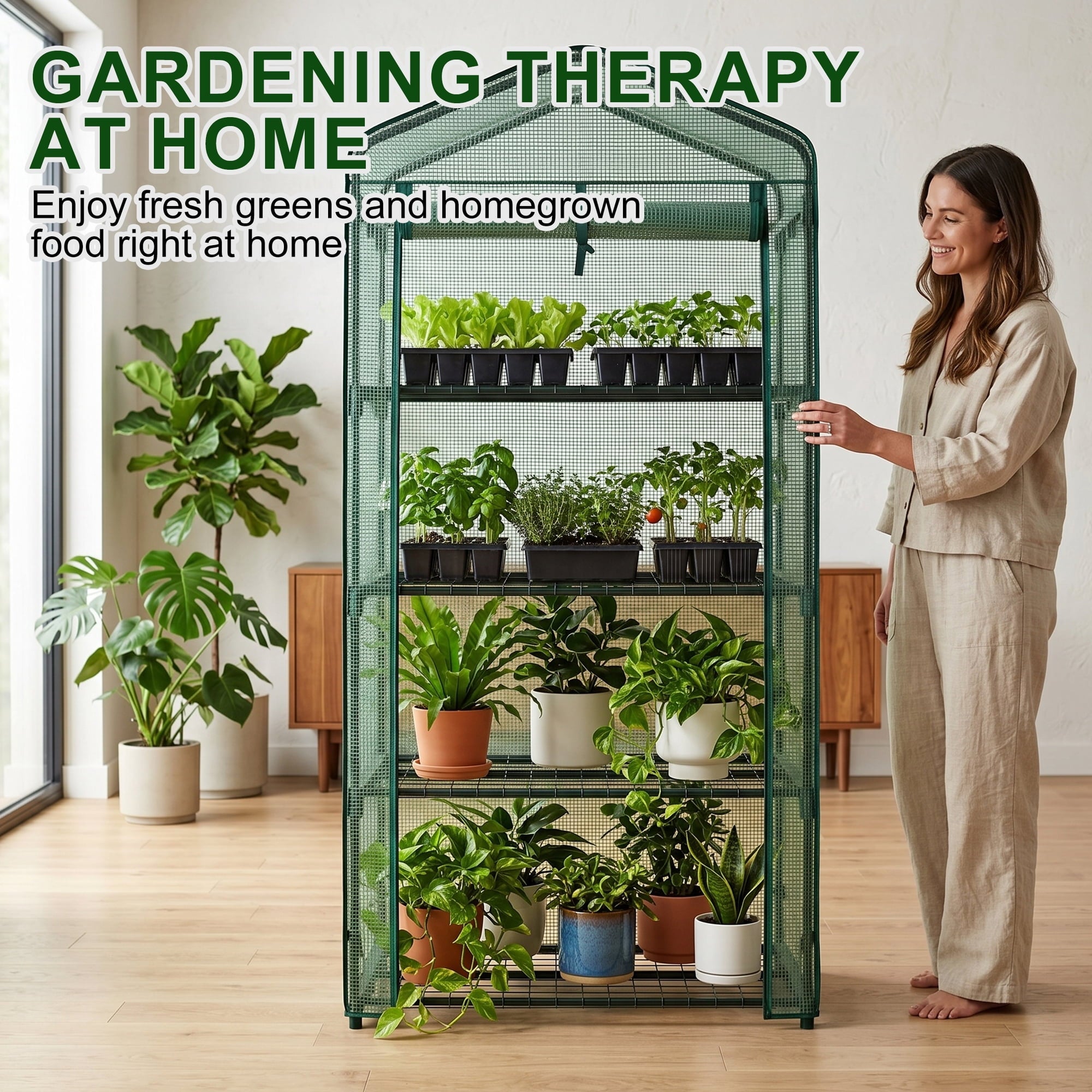 JIOABL 4-Tier Mini Greenhouse with PE Cover, Portable Plant Grow House with Zipper Door & Steel Frame for Indoor Outdoor Garden, Green