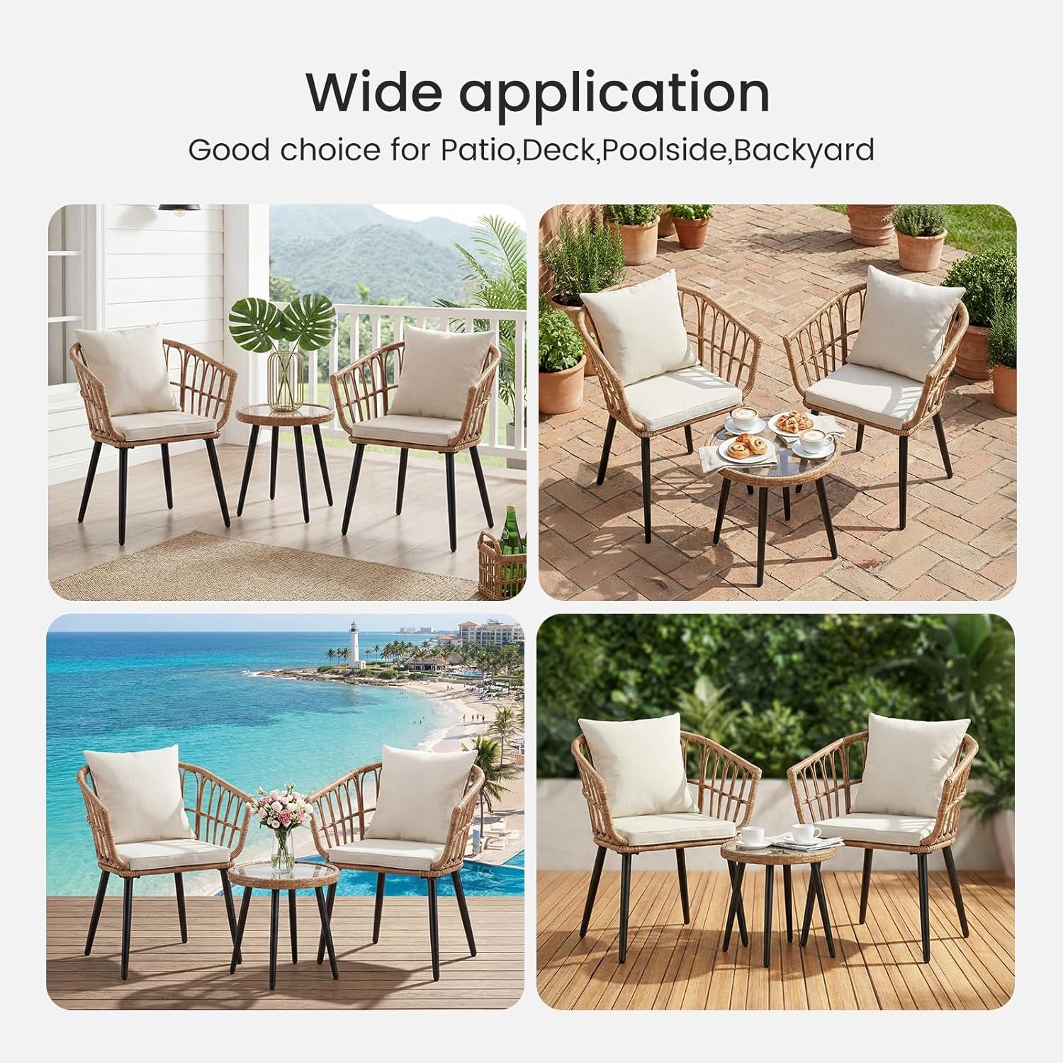 JIOABL Outdoor Bistro Set, Wicker Chairs & Glass Top Table for Patio, Balcony, Porch, Backyard