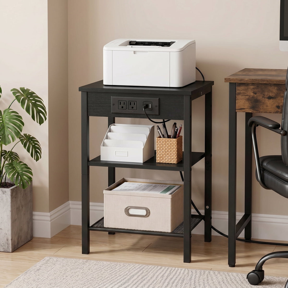 JIOABL 3-Tier Side Table with USB & AC Charging Station, Adjustable Shelves, Multi-Use for Living Room & Bedroom