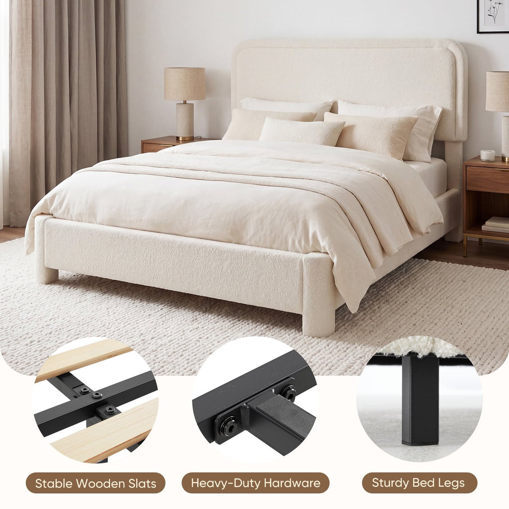 JIOABL Upholstered Platform Bed Frame with Adjustable Headboard, Teddy Fleece Fabric, No Box Spring Needed, White