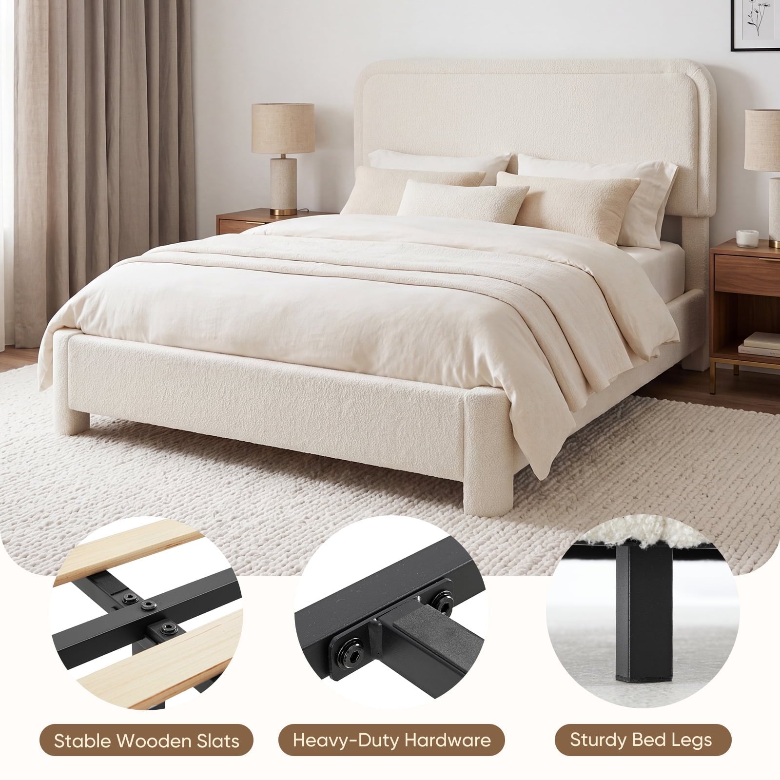 JIOABL Upholstered Platform Bed Frame with Adjustable Headboard, Teddy Fleece Fabric, No Box Spring Needed, White