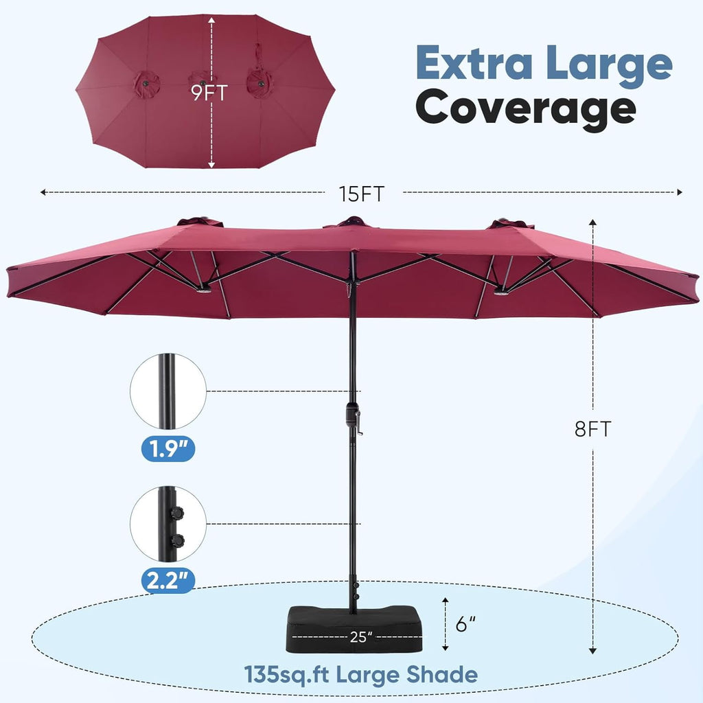 JIOABL 15FT Triple Head Patio Umbrella with Base & Sandbags, Large Outdoor Umbrella with Crank, 12 Ribs, UV-Resistant & Ventilated Canopy