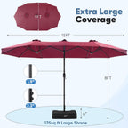 JIOABL 15FT Triple Head Patio Umbrella with Base & Sandbags, Large Outdoor Umbrella with Crank, 12 Ribs, UV-Resistant & Ventilated Canopy