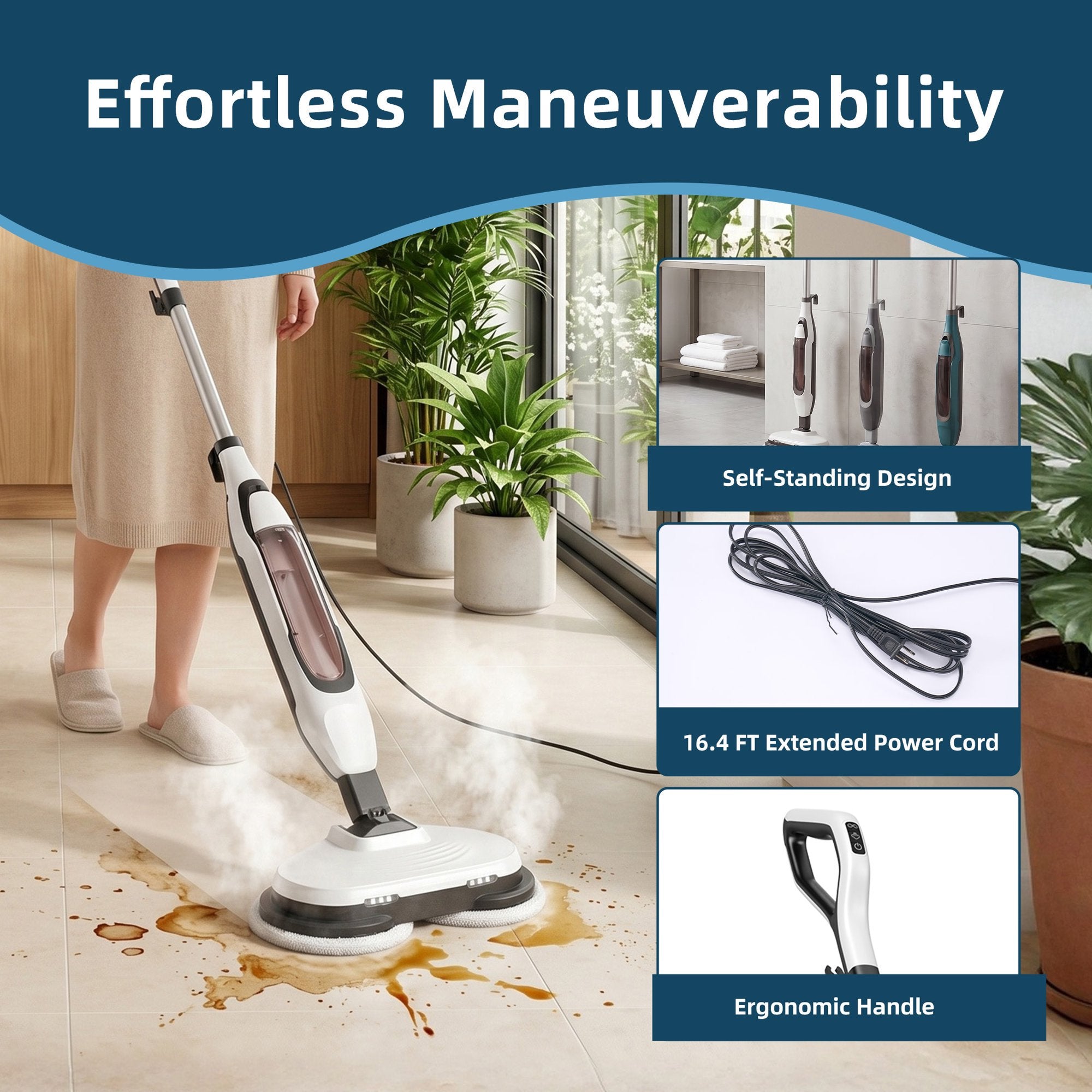 JIOABL Scrubbing Steam Mop with Dual Rotating Pads, LED Headlights and Adjustable Steam Modes for Sealed Hard Floors