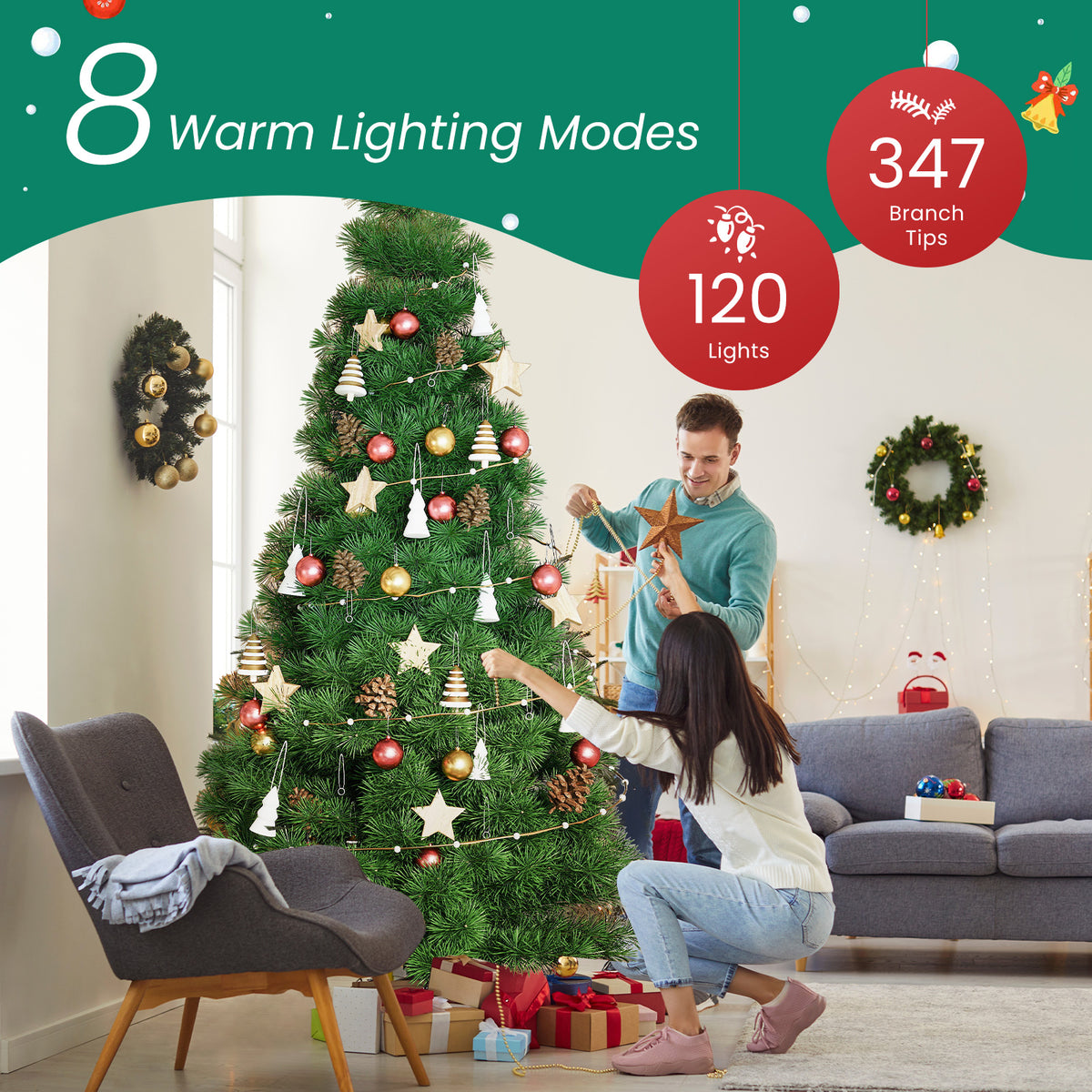 JIOABL Pre-Lit Spruce Artificial Christmas Tree for Home, Office, and Party Decor